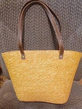 Woven Straw Tote Bag with Brown  Handles - Natural Yellow